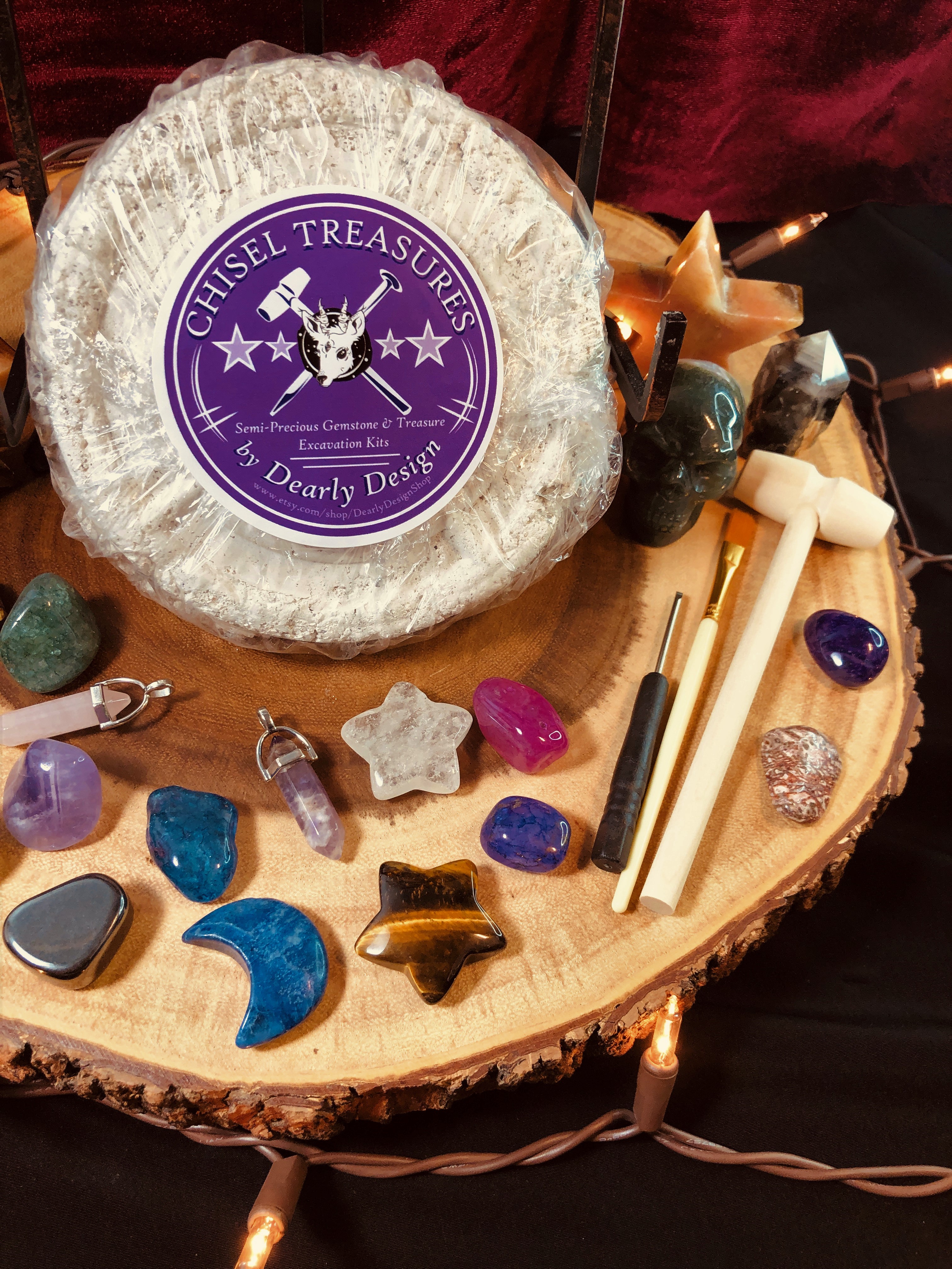 Chisel Treasures kit featuring tools and gemstones