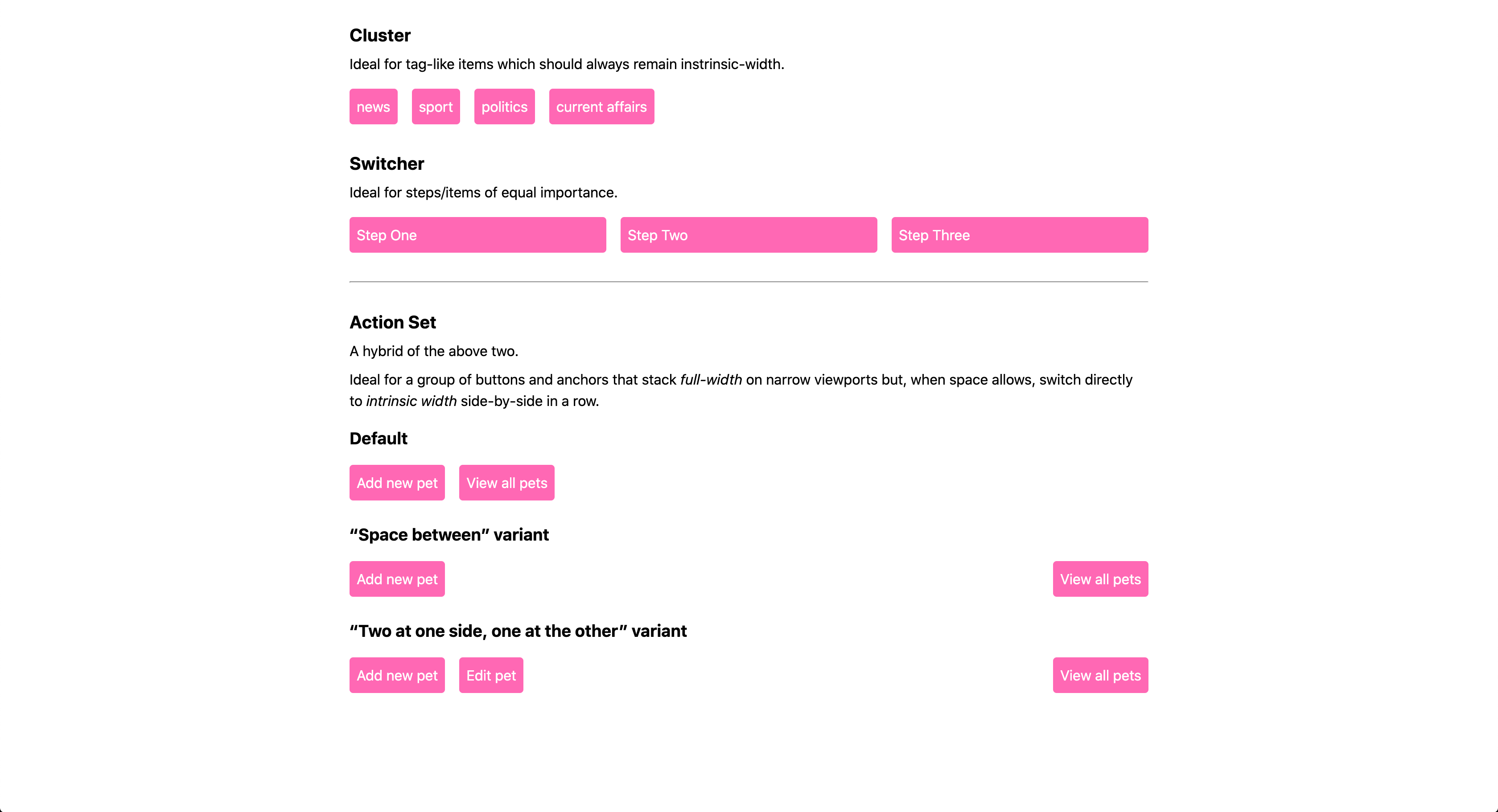 Hybrid Cluster-Switcher layout for responsive button groups