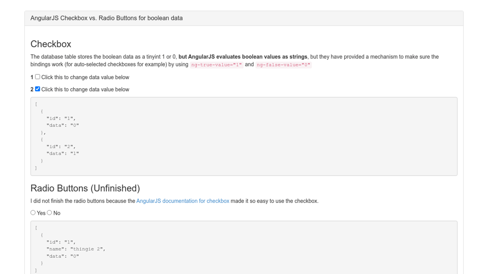 Angularjs Checkbox Vs Radio Buttons For Boolean Data