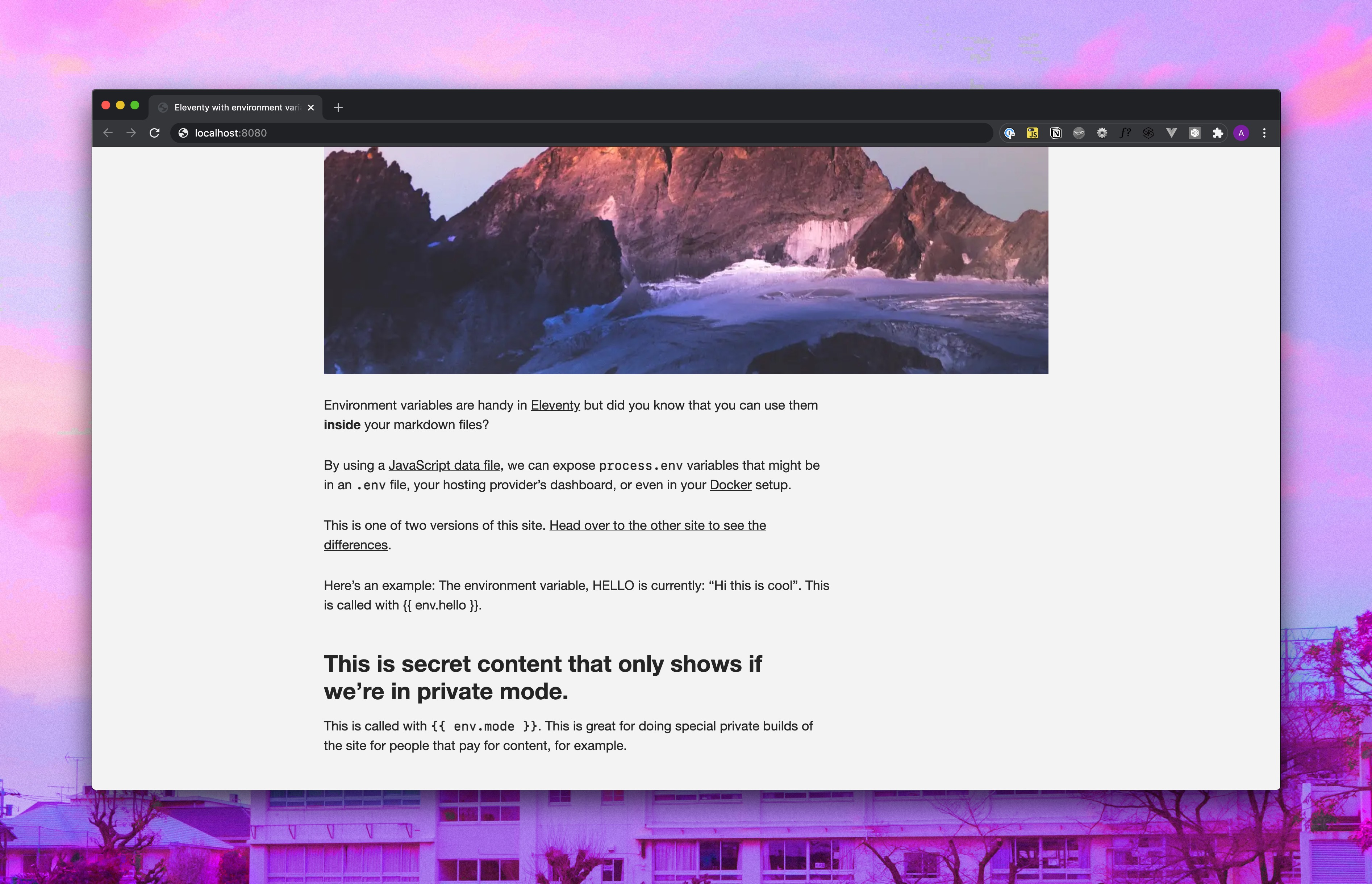 The same page, with the mountain image and now some added private content