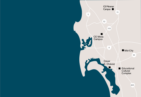 map of 5 campuses in San Diego
