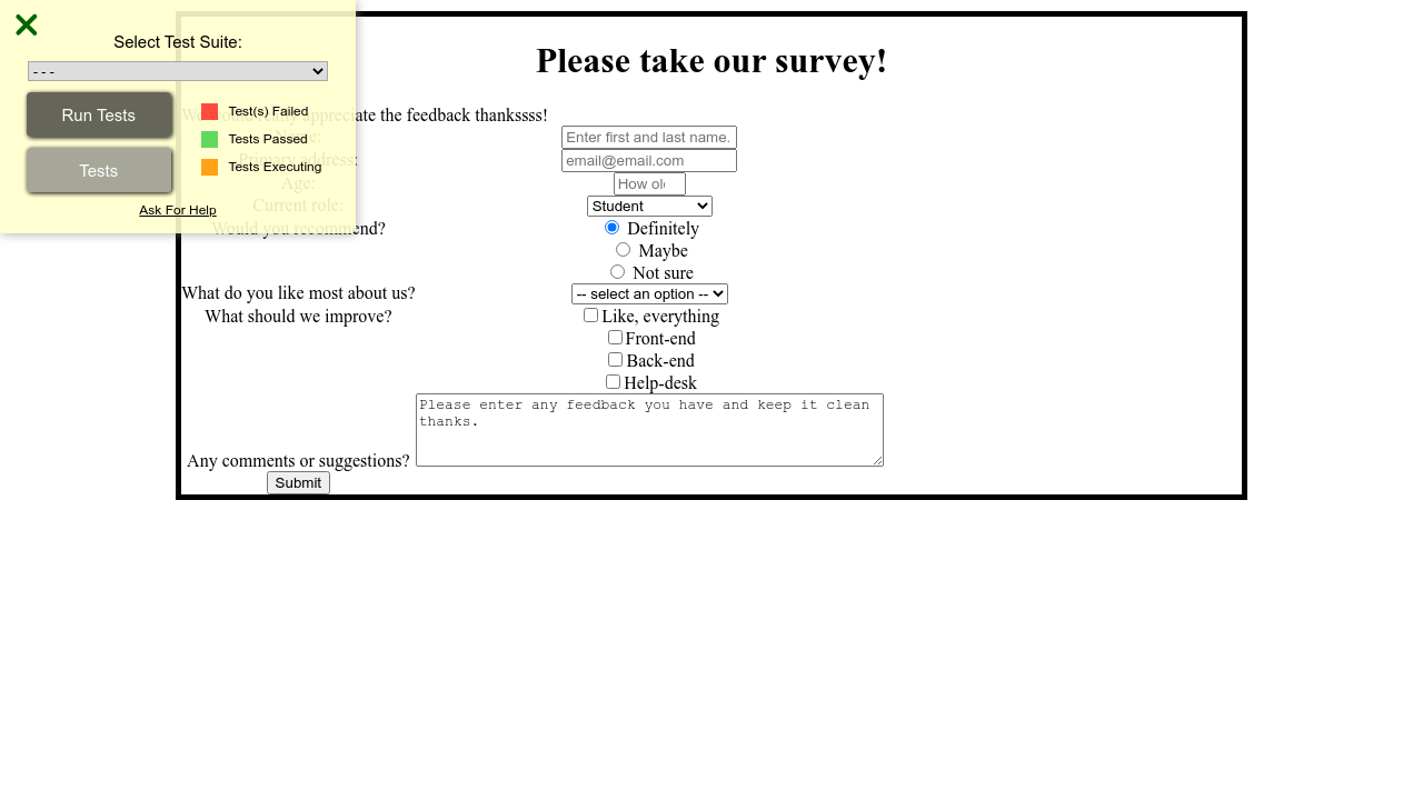 Build A Survey Form - Failing 2 Tests; Don't Know Why - HTML-CSS - The ...