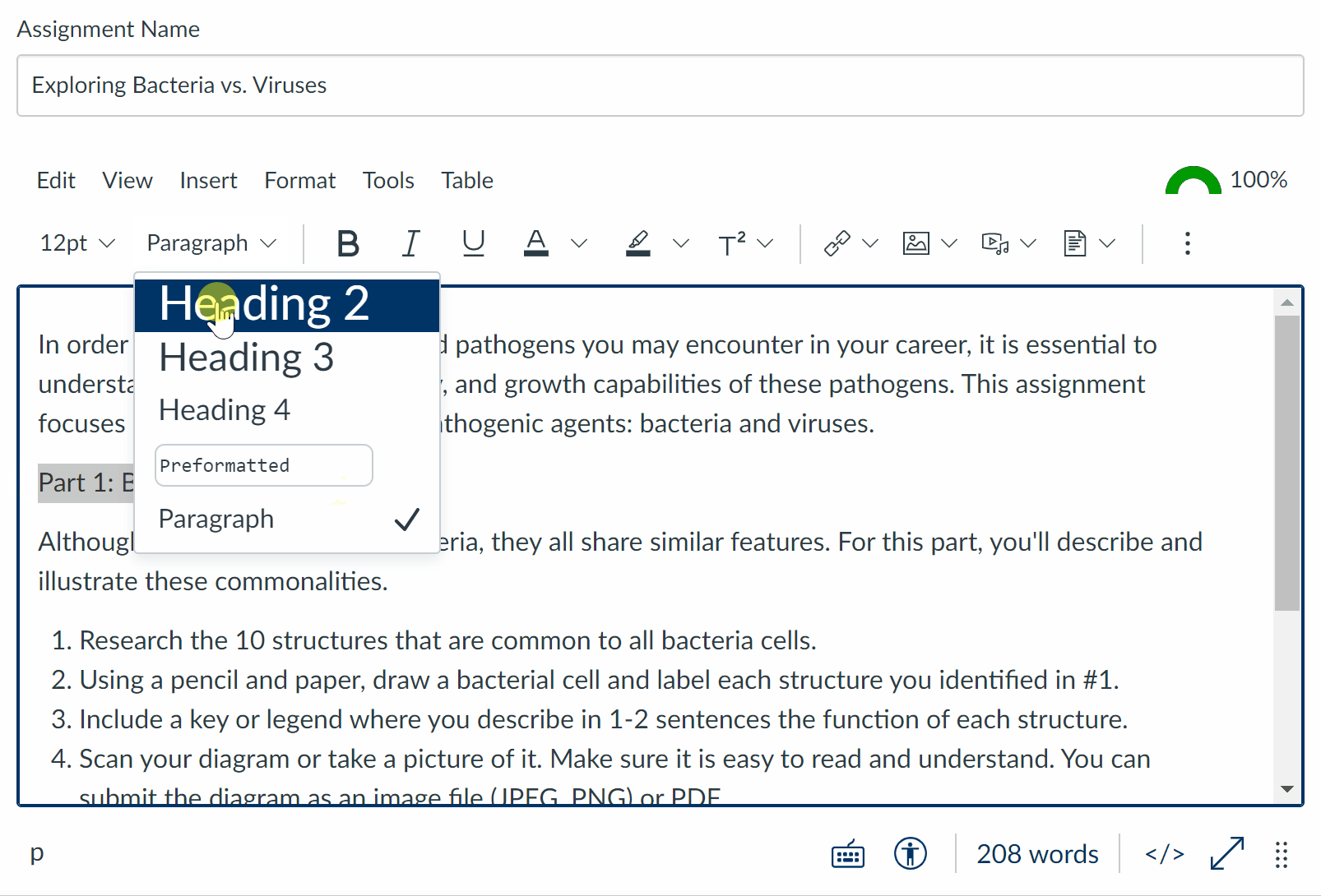 Static: Adding real headings in the Canvas visual editor by going to the text format dropdown and selecting a heading level 2.