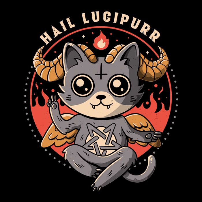 Hail Lucipurr. Shows a cat with horns and a pentagram on its chest