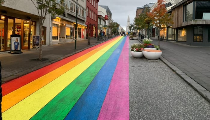 The pride rainbow colours painted in a long strip along a street, with shops on either side.
