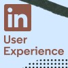 The image shows a stylized representation of the LinkedIn logo, with the letters in in a brown square. Below it, the words User Experience are written in brown text on a light blue background with abstract black patterns.