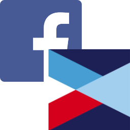 The image displays a combination of the Facebook logo, a white lowercase f on a blue square, and a geometric design with overlapping red, blue, and light blue shapes.