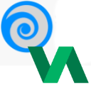 A blue spiral icon with a gray center is displayed in the top left. Below and to the right is a logo with two overlapping V shapes, one in dark green and the other in bright green. The background is white.