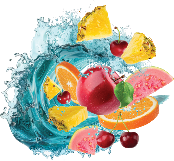 Fruit Fusion flavor with orange, watermelon, and berries with splashing water