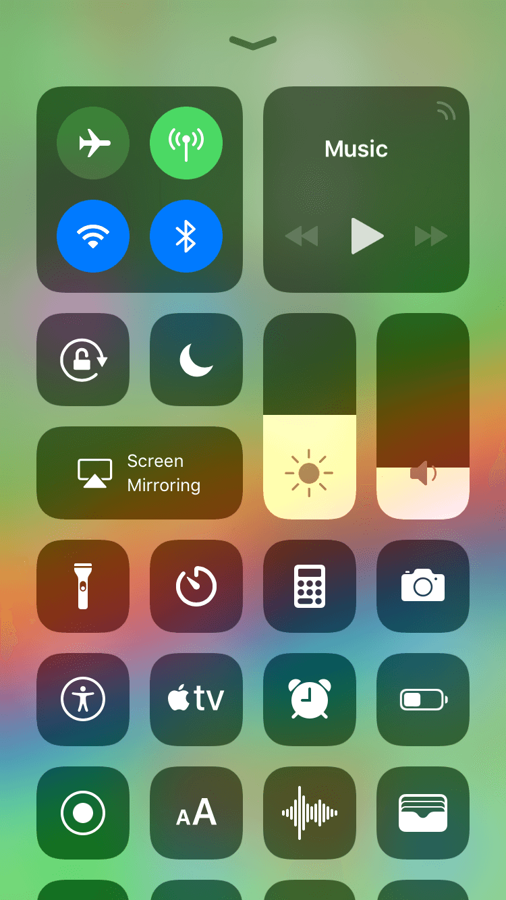 iOS control center with reduce transparency disabled