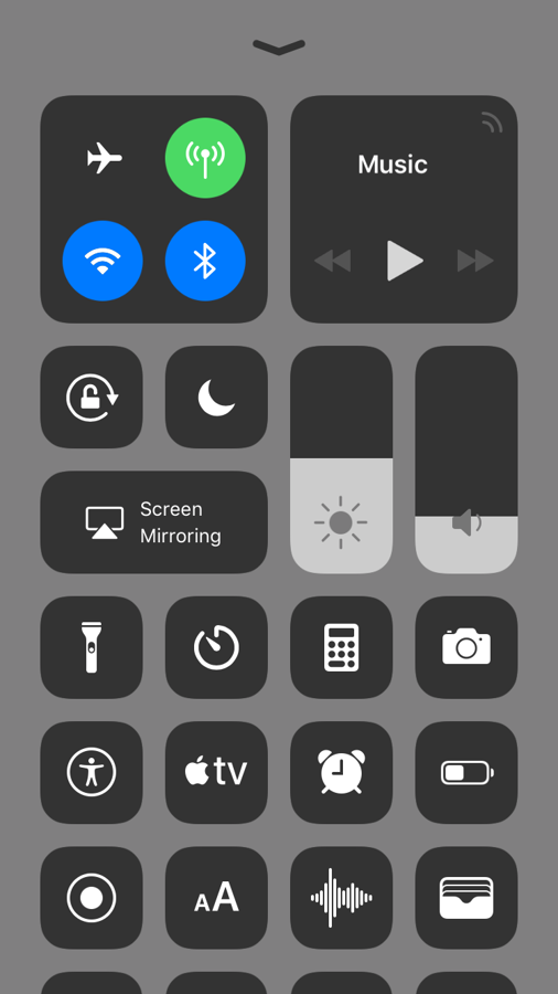 iOS control center with reduce transparency enabled