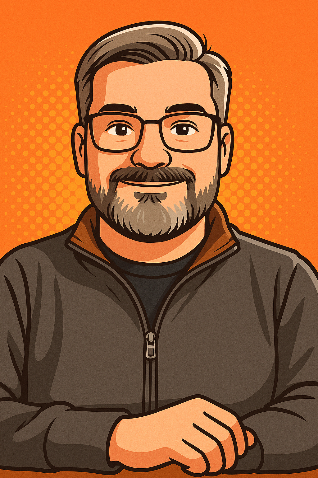 Cartoon portrait of Jason Corradino smiling, wearing glasses and a dark zip-up jacket, on an orange background — used as a personal avatar