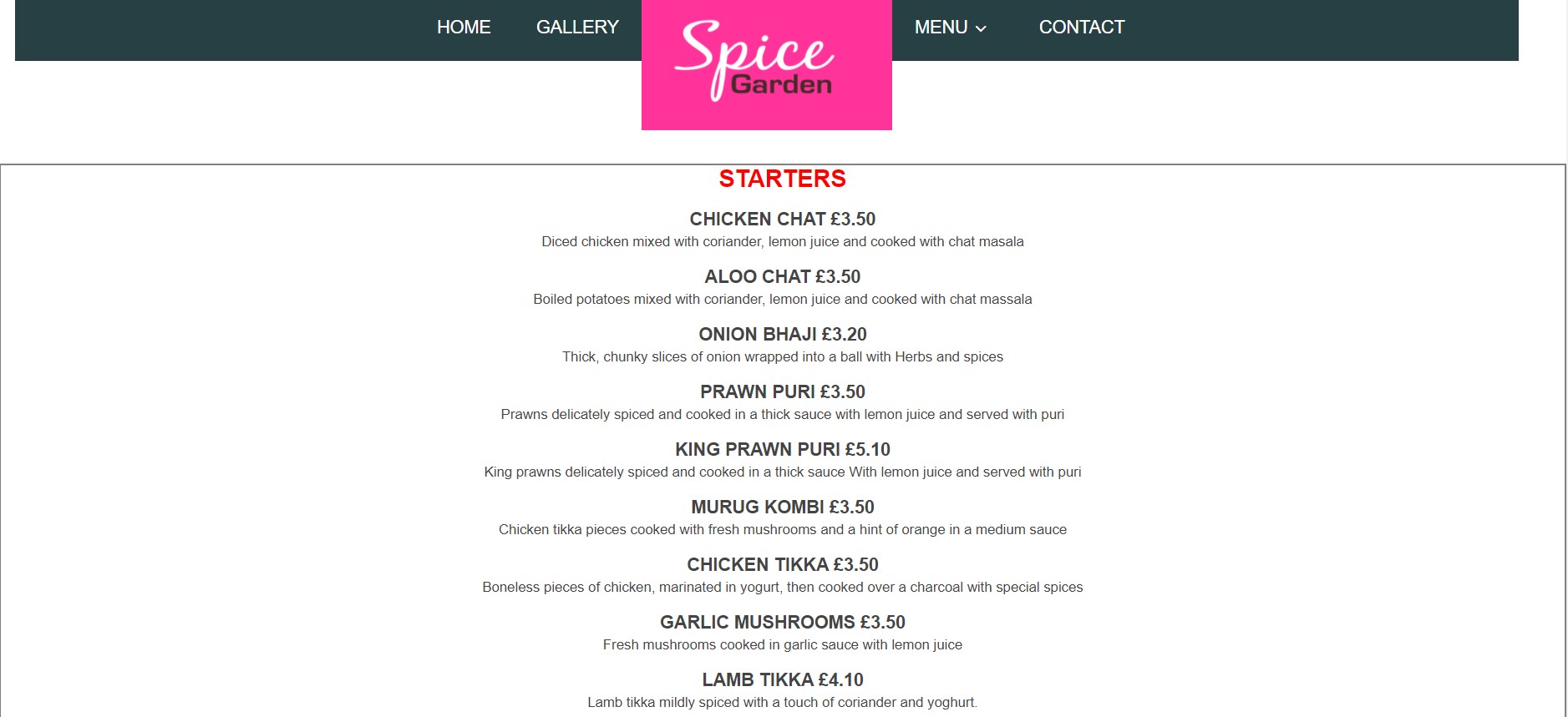 Spice Garden Menu