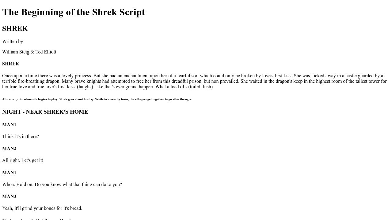 Webpage 1 Beginning Of The Shrek Script