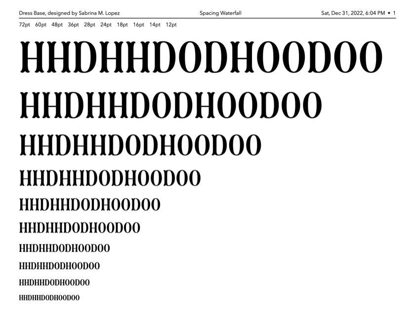 Waterfall layout with a spacing string at multiple font sizes