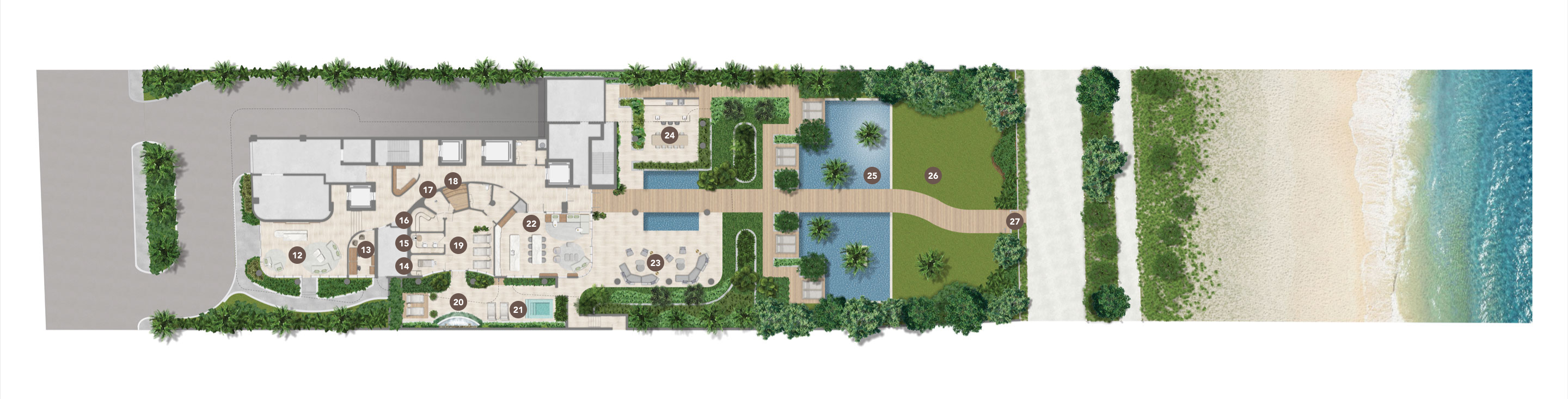 Ground floor amenities floorplan at Ocean House luxury condos in Surfside, Miami, featuring lounges, spas, reflecting ponds.