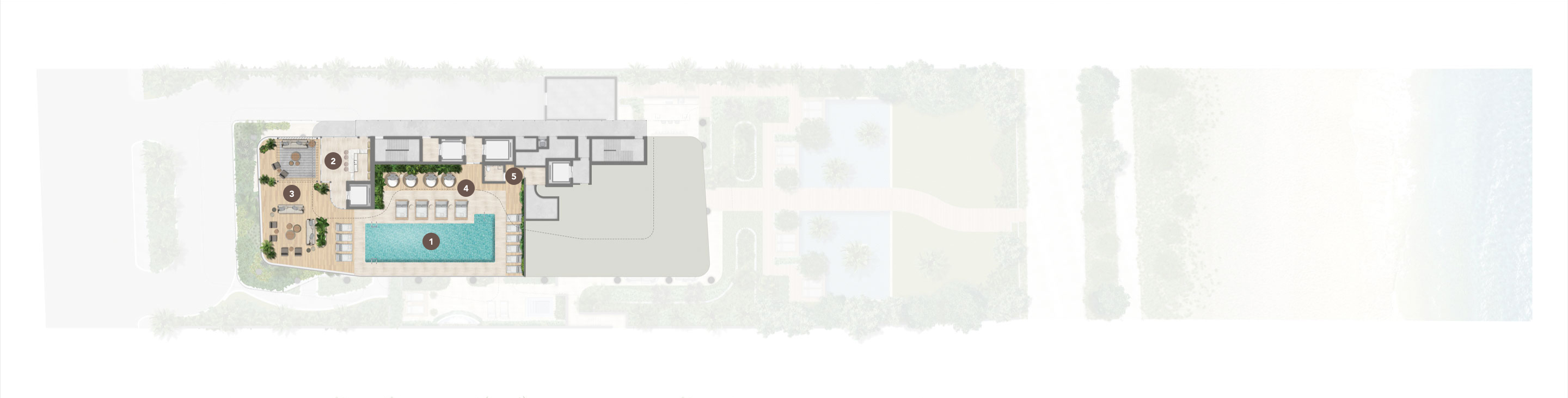 Top floor amenities floorplan featuring rooftop pool at Ocean House luxury condos on the beach in Miami.