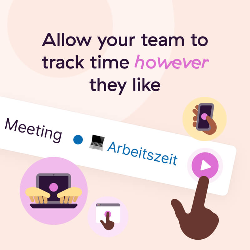 A part of a Facebook or Linked carousel ad set with the quote: Allow your team to track time however they like