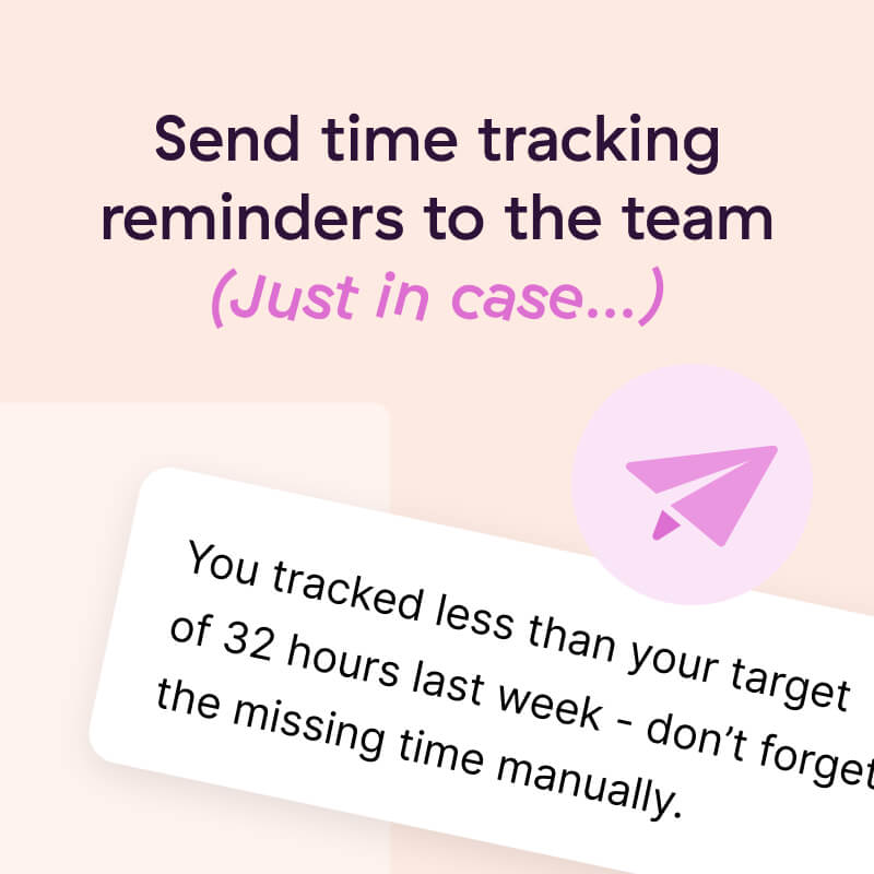 A part of a Facebook or Linked carousel ad set with the quote: Send time tracking reminders to the team (just in case...)