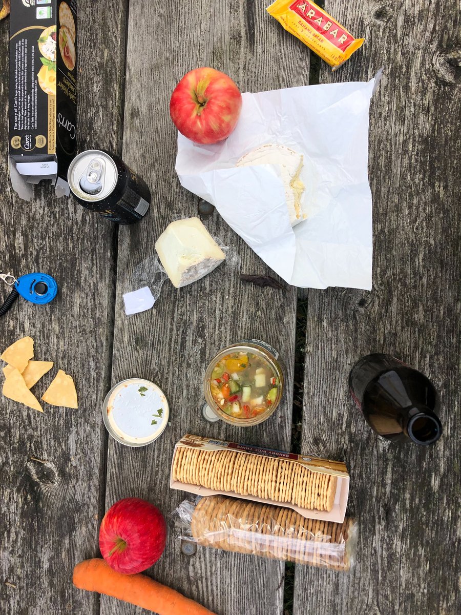 A picnic laid out on a wooden table: Chips, salsa, crackers, cheese, apples, beer and cider.