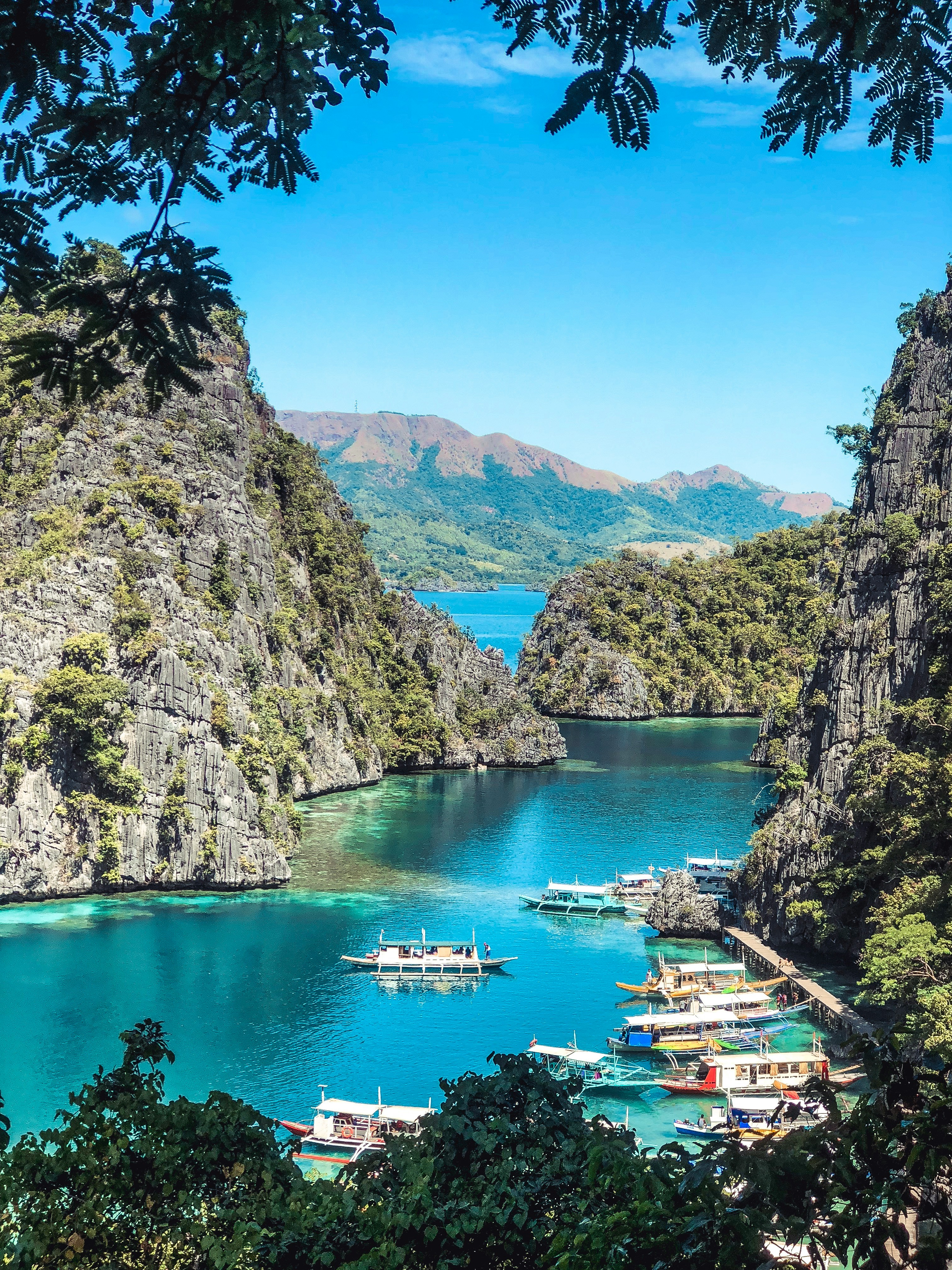 a bay int he philippines with high cliffs, several boats, and bright blue water