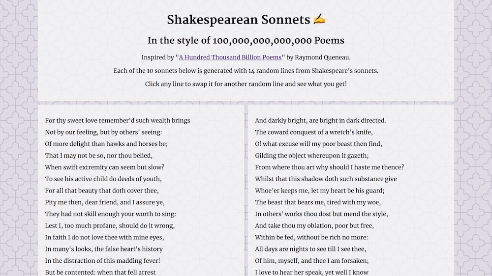 Shakespeare, in the style of A Hundred Thousand Billion Poems