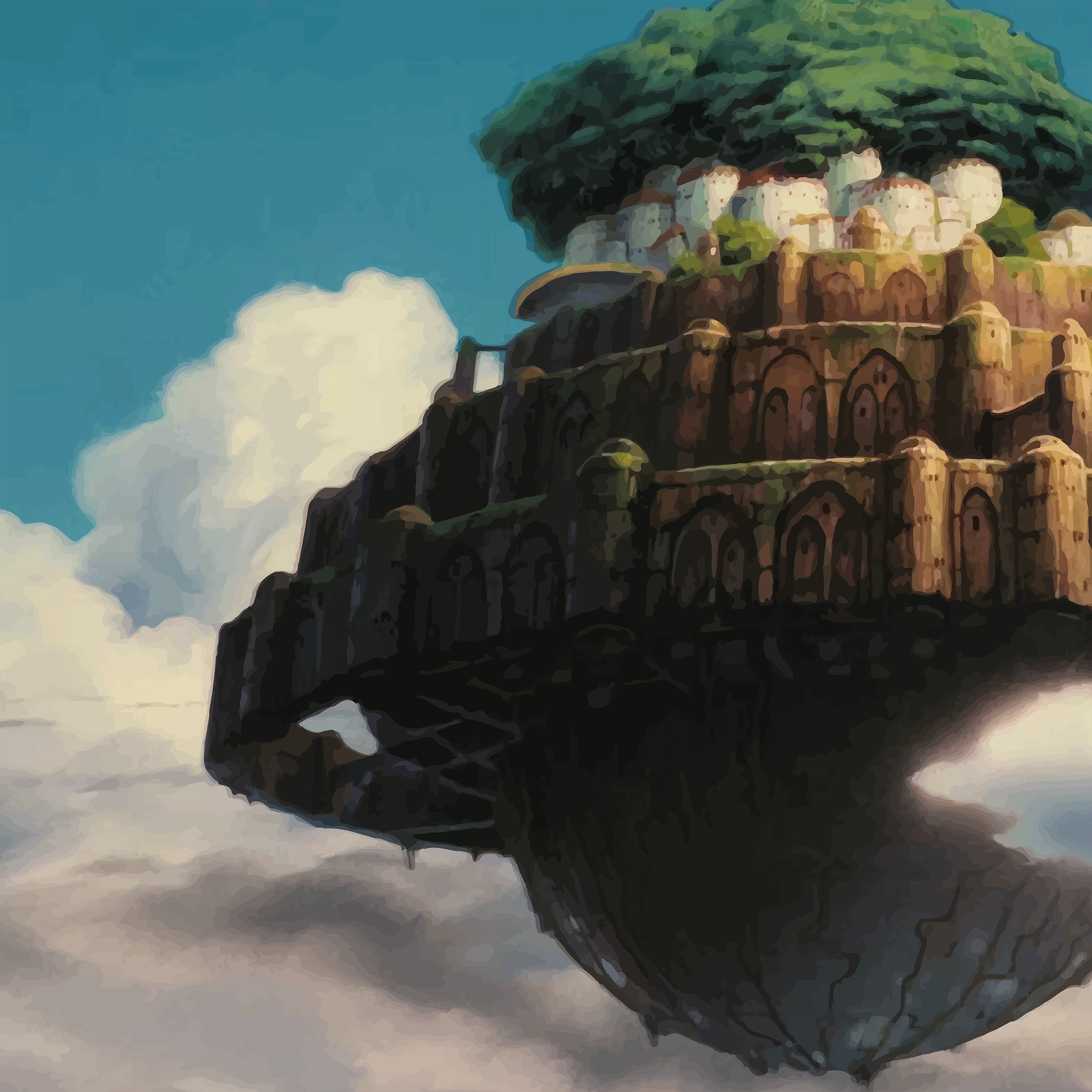 Floating earth and stone,
      Houses perch on cliff's embrace,
      Sky and clouds their throne.
