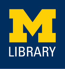 Square block M Library logo with a maize block M and Library presented in white text below the M on a dark blue background