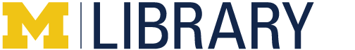 Signature horizontal M Library logo with a maize block M and Library presented in blue text